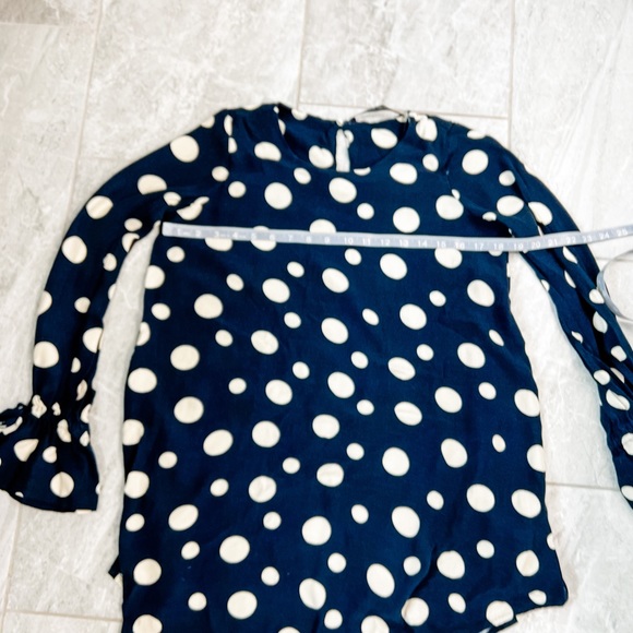 Zara Navy Blue Polka Dot Long Balloon Tie Peasant Sleeve Tunic Top Size Medium - Picture 7 of 7
